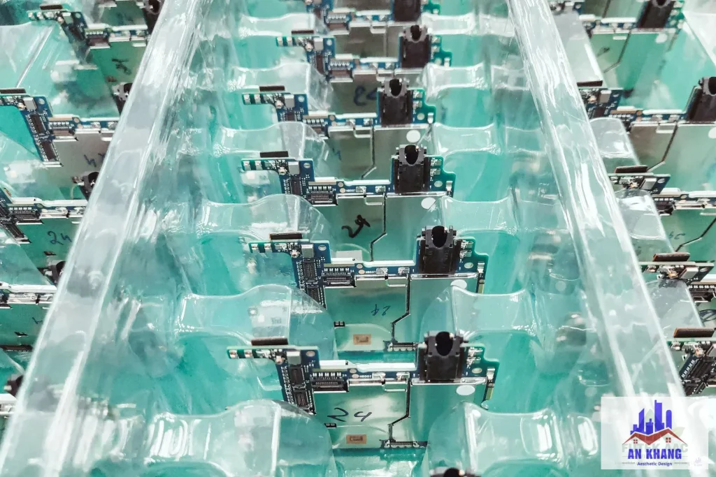 Detailed view of organized electronic circuit boards in a production setting.